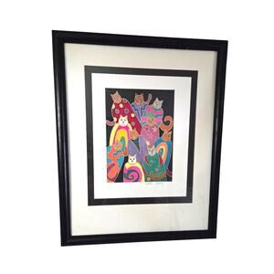 Vintage Framed Signed Painting Jane Murray Lewis Rad Cats Vibrant Colors Laurel